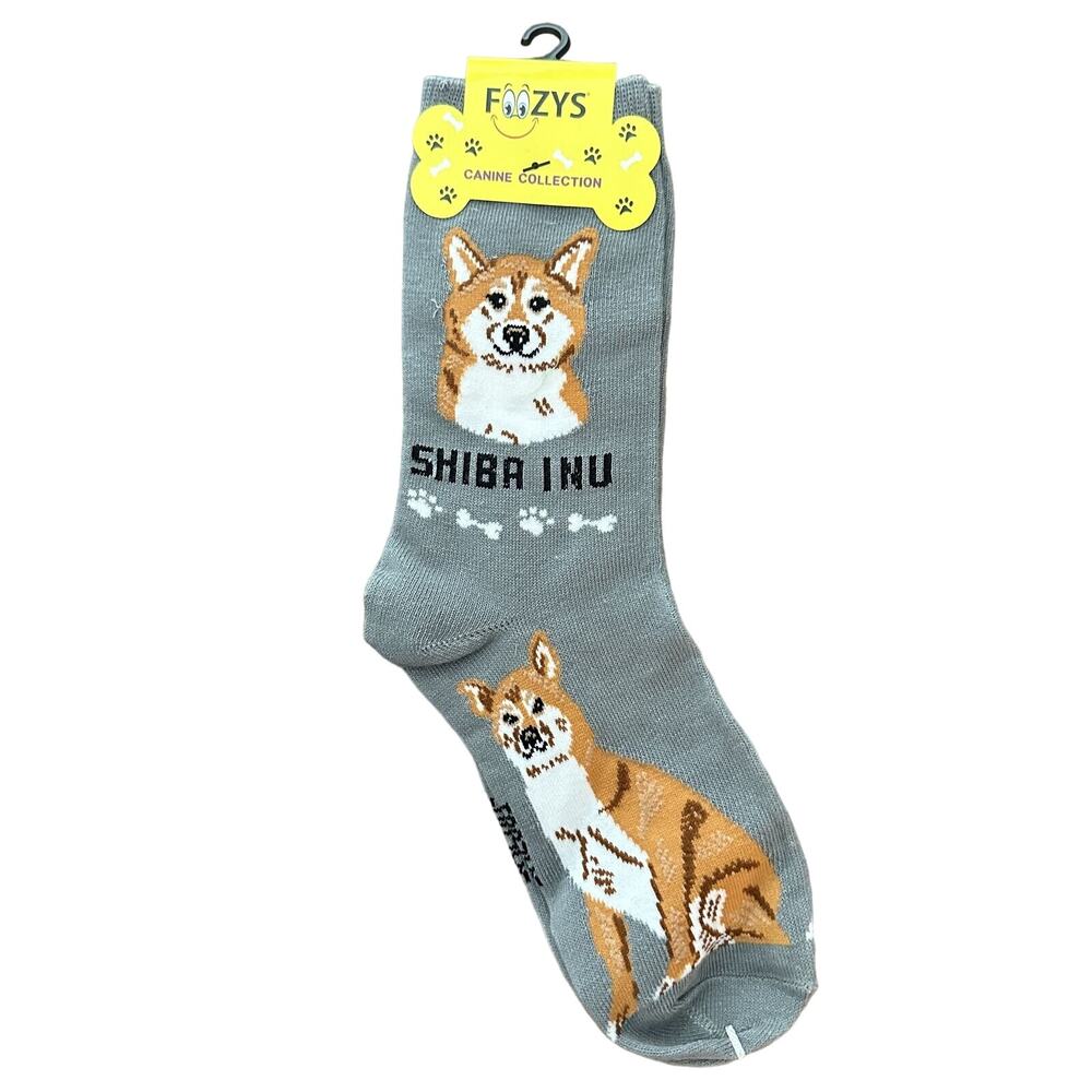 Foozys Shiba Inu Print Crew Dog Socks Grey Women's One Size